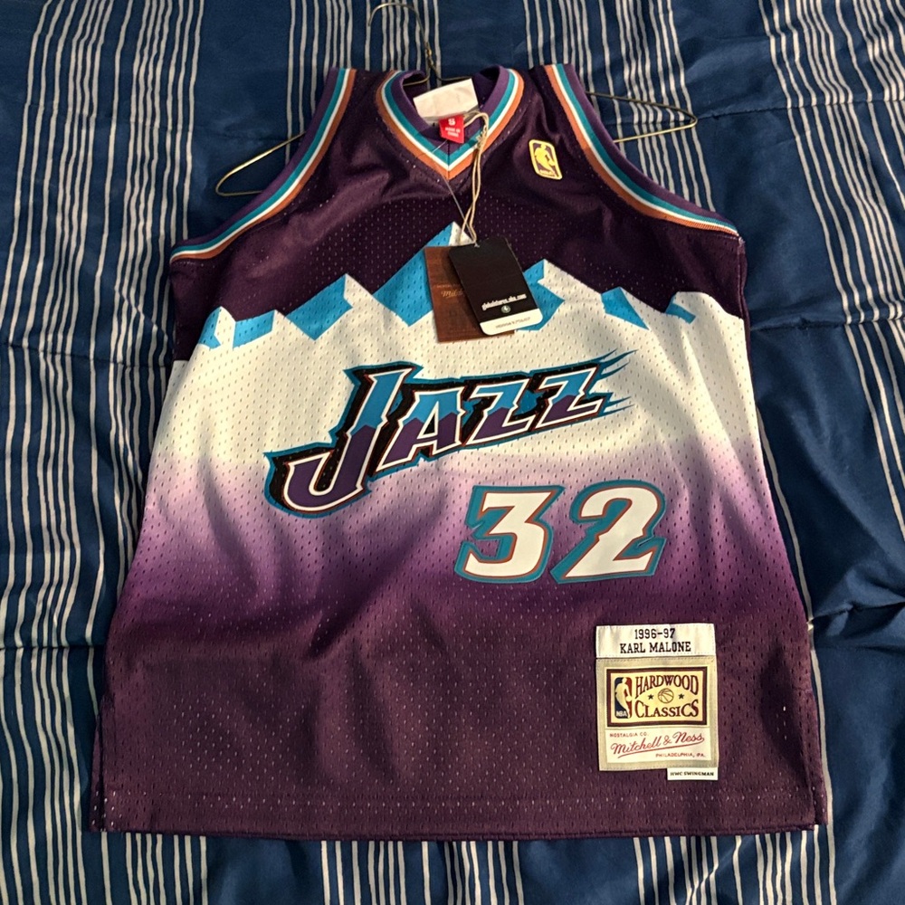 Mitchell & Ness Purple and White Jazz Jersey with Blue Accents
